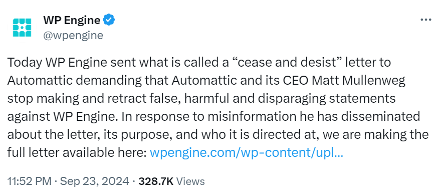 WP Engine post on X about sending a cease and desist letter to Automattic